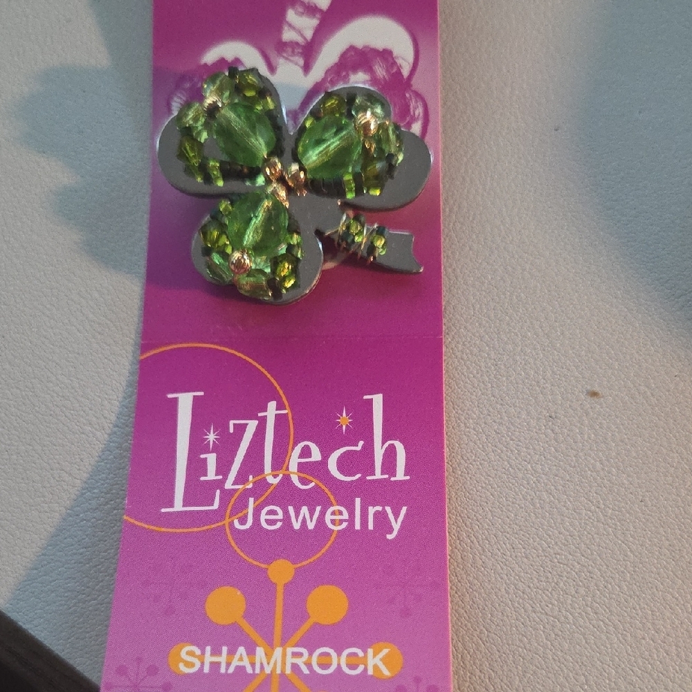 RARE LizTech Lucky Shamrock Brooch with Green Accents - Signed 2007